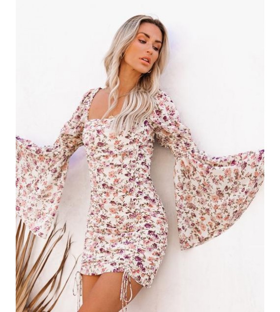 Grynn Ruched Floral Bell Sleeve Dress