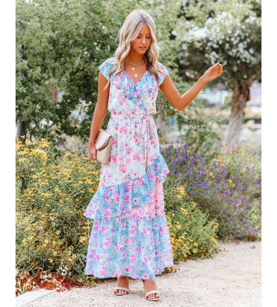There She Goes Floral Ruffle Maxi Dress
