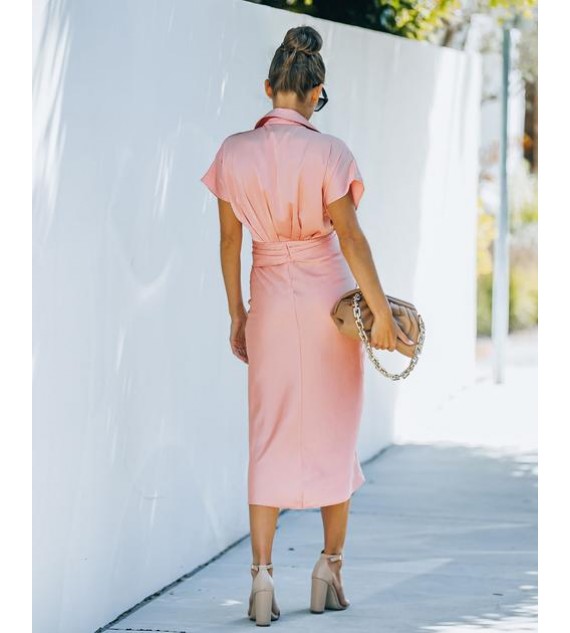 Meryl Satin Tie Front Midi Dress - Peach Pink