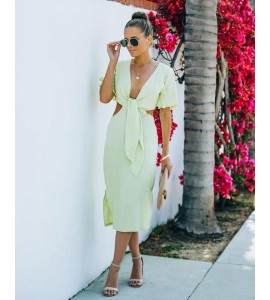 Jenner Linen Blend Tie Front Cutout Midi Dress - Lime