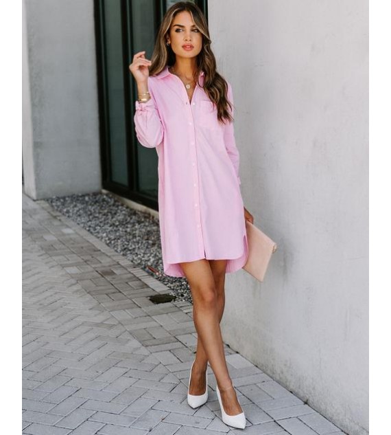 Risky Business Pocketed Button Down Shirt Dress - Pink