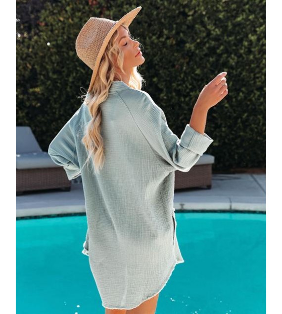 Kennedy Cotton Pocketed Button Down Tunic - Misty Mint