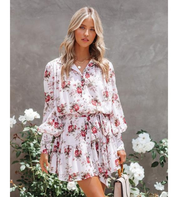Of The Essence Floral Chiffon Button Down Dress