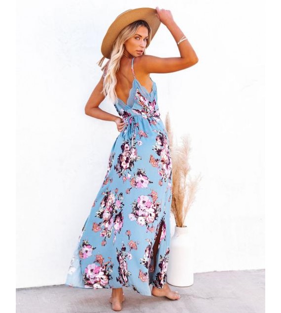 Aloe Vera Floral Slip Maxi Dress - Blue