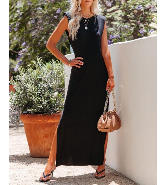 Teagan Padded Shoulder Knit Maxi Dress - Black