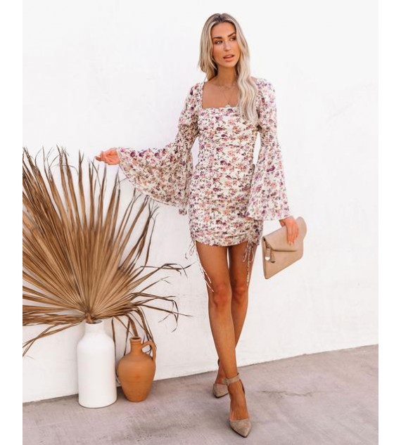 Grynn Ruched Floral Bell Sleeve Dress