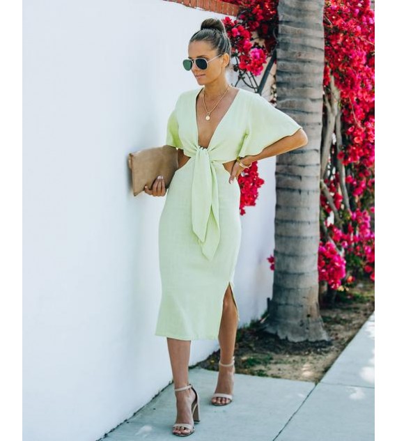 Jenner Linen Blend Tie Front Cutout Midi Dress - Lime