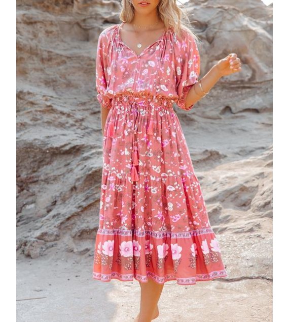 Forevermore Floral Tiered Tassel Midi Dress