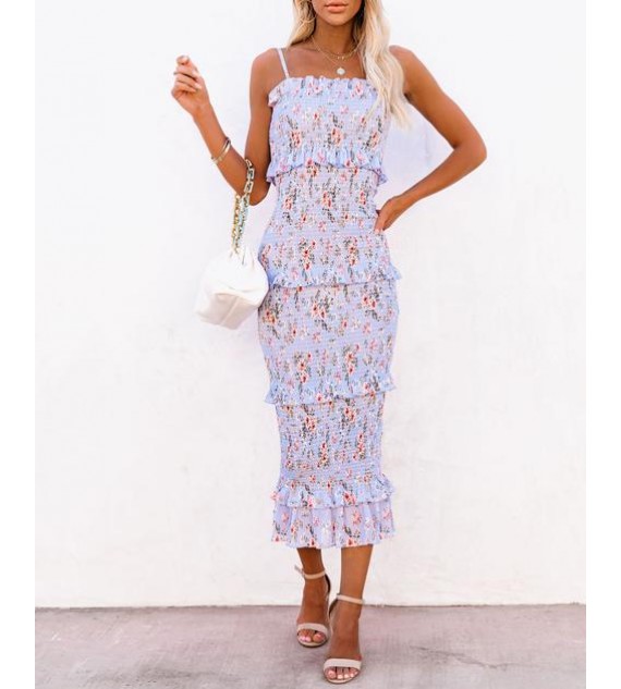 Be My Guest Floral Smocked Ruffle Midi Dress - Blue